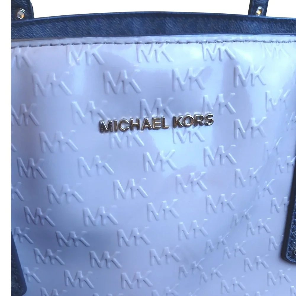 Michael Kors Voyager Tote Brown Pink Monogram Patent Mixed Media Shoulder Bag